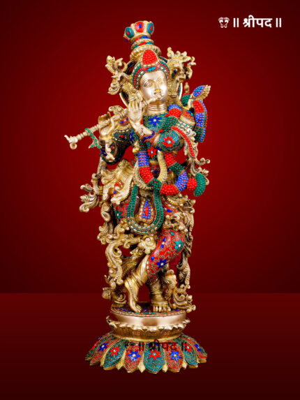 Brass Krishna Statue with Lotus Base | Meenakari Artwork | 27-Inch | Brass