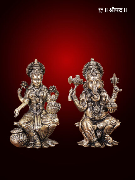 Ganesha and Lakshmi Idol Pair Seated on Lotus | 4-Inch | Brass