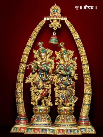 Radha-Krishna Statues Within an Aureole Engraved with Krishnaleela | 45-Inch | Brash with Inlay