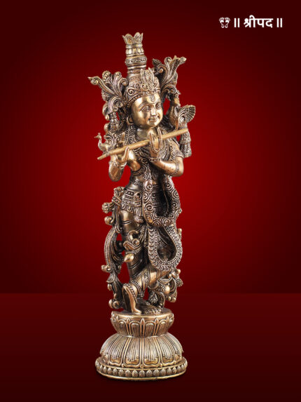 Krishna standing Fluet Playing Idol with Detailed Carving | 16-Inch | Brass