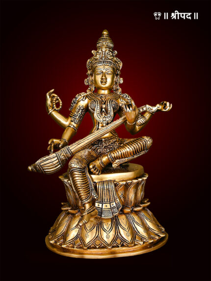 Goddess Saraswati sitthing on Lotus Throne Idol | 14.5-Inch | Brass