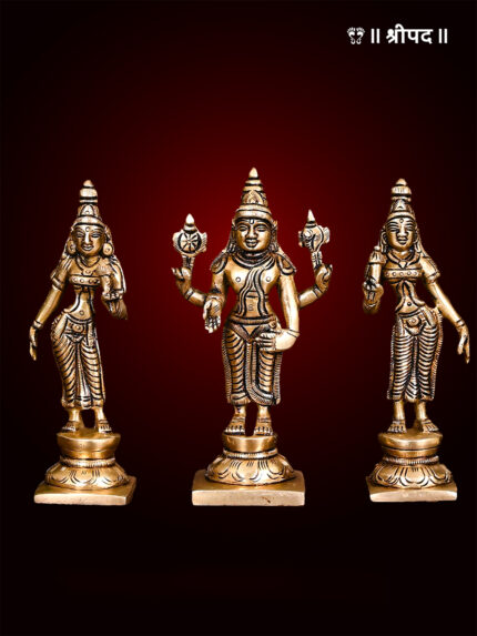 Superfine Lord Balaji With Sri Devi And Bhudevi Idols Set | 5.30-Inch | Brass