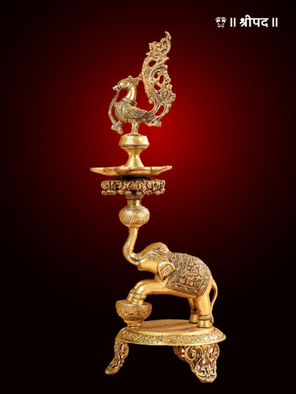 Peacock Diya On Dancing Elephant | 30-Inch | Brass